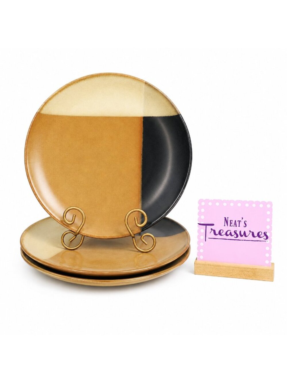 Sango GOLD DUST BLACK 5022 Beige Brown Tan Panel Stoneware Dinner Plates Set 3